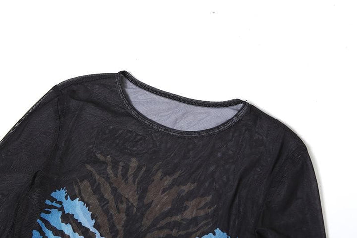 Riga mai dogon hannu mai siffar tiger mai sheer mesh midi | Kayan Biki na Mata