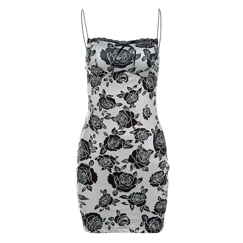 Rose print lace hem contrast spaghetti strap mini dress-final-sale