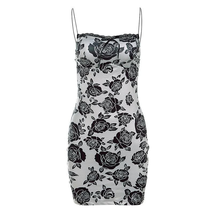 Rose print lace hem contrast spaghetti strap mini dress-final-sale