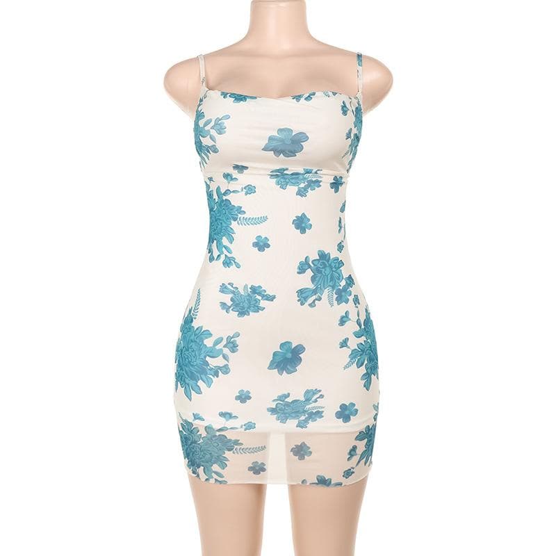 Flower print mesh lace up cami mini dress  | Festival Outfits Women