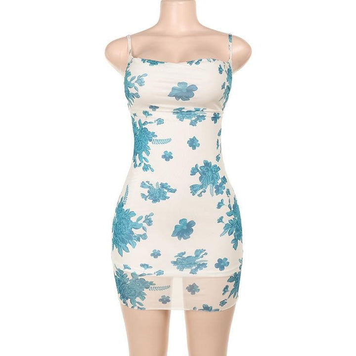 Flower print mesh lace up cami mini dress  | Festival Outfits Women