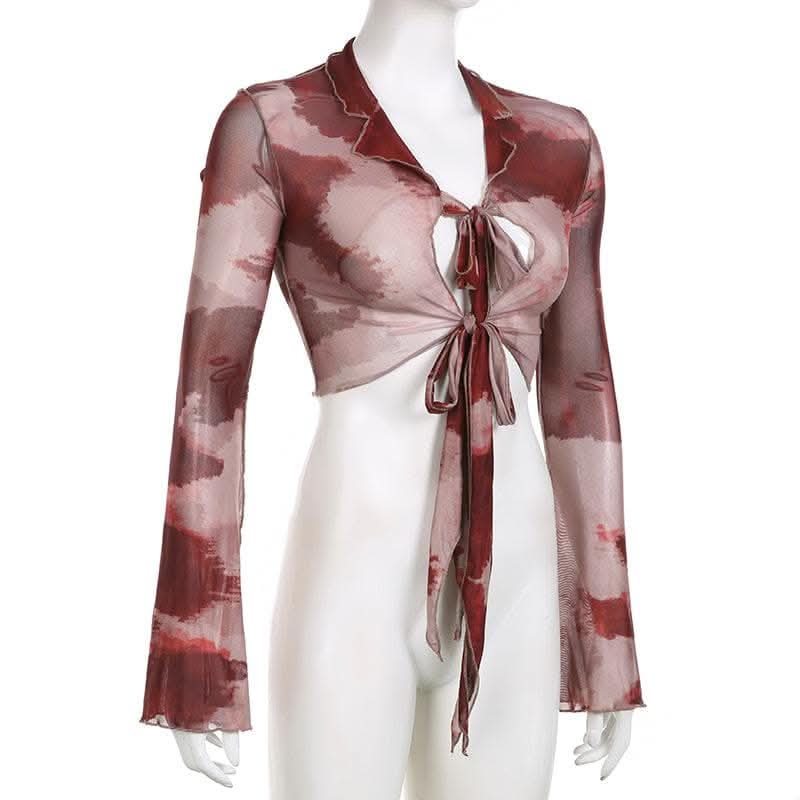 Sheer mesh see through long sleeve tie dye ruffle self tie crop top-final-sale | Mesh Long Sleeve Crop Top  | Festival Outfits Women