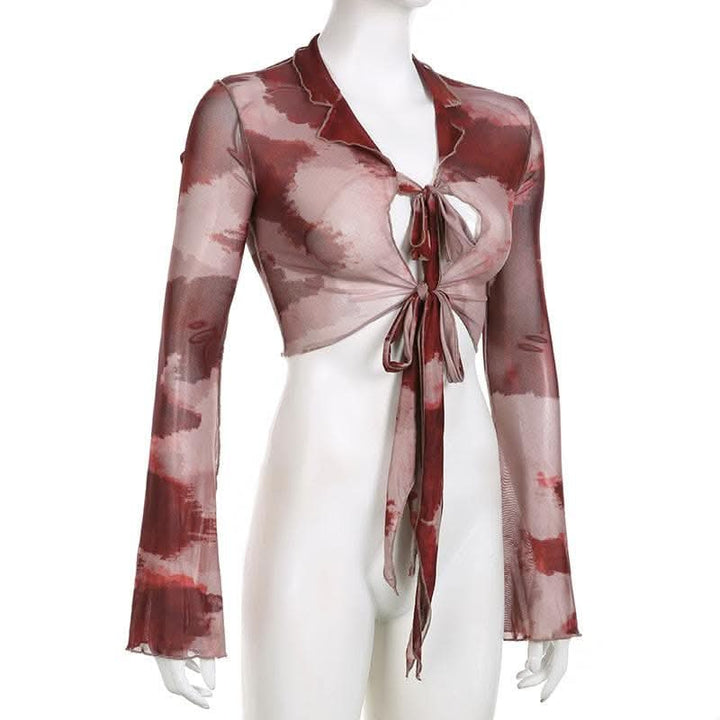 Sheer mesh see through long sleeve tie dye ruffle self tie crop top-final-sale | Mesh Long Sleeve Crop Top  | Festival Outfits Women