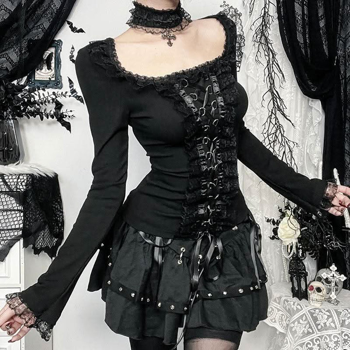 Long sleeve ruffle lace hem necklace top  | Festival Outfits Women