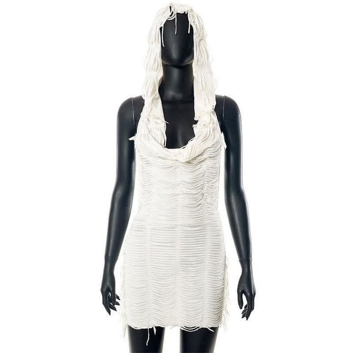 Textured solid hoodie cowl neck sleeveless backless tassels mini dress-final-sale
