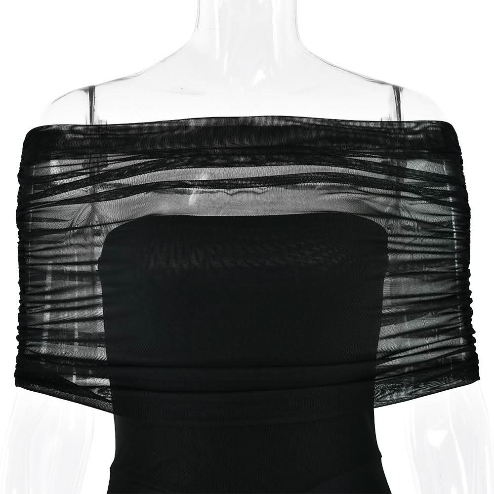 Off shoulder ruched mesh patchwork solid maxi dress  | Festival Outfits Women