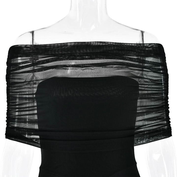 Off shoulder ruched mesh patchwork solid maxi dress  | Festival Outfits Women