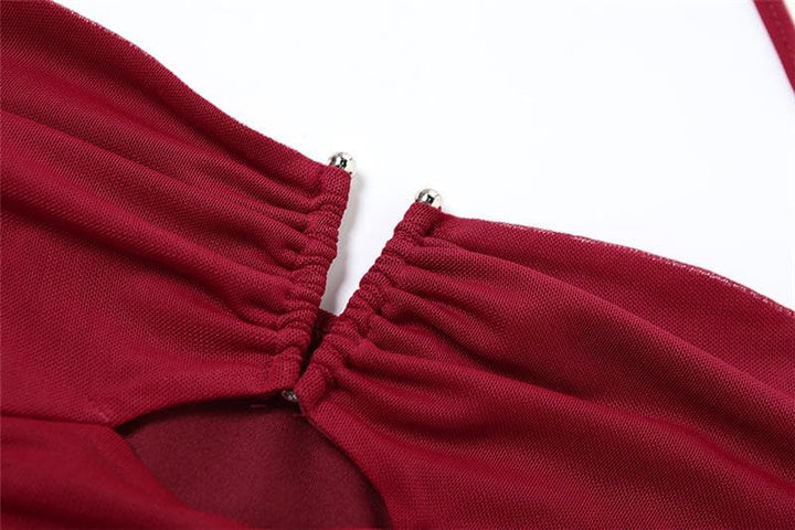 Halter ruched hollow out beaded cut out top  | Festival Outfits Women