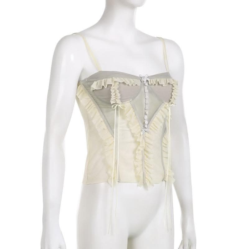 Mesh patchwork ruffle button contrast backless cami ruched skirt set-final-sale