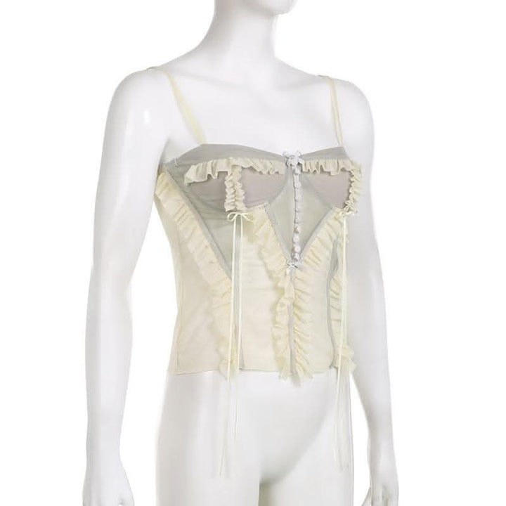 Mesh patchwork ruffle button contrast backless cami ruched skirt set-final-sale