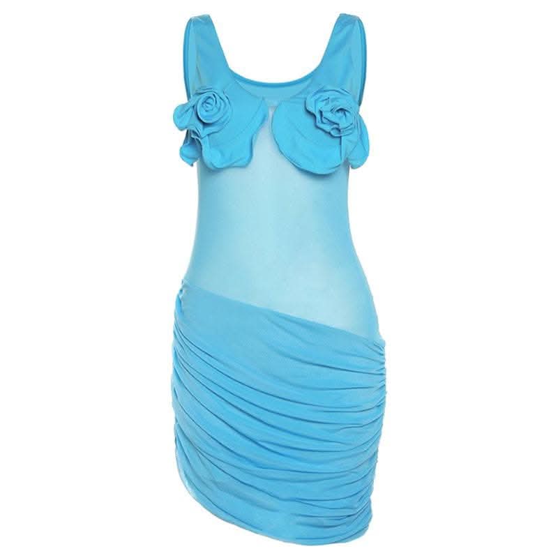 Flower applique v neck mesh patchwork ruched sleeveless mini dress-final-sale  | Festival Outfits Women