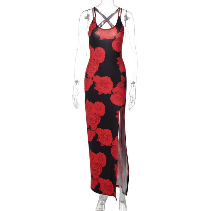 Rose print u neck slit cross back cami maxi dress  | Festival Outfits Women