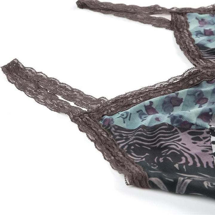 V neck print lace hem mesh cami midi dress  | Festival Outfits Women