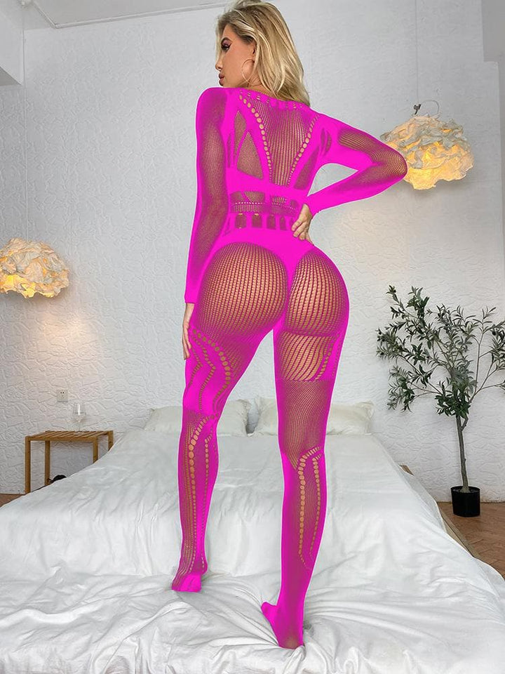 Long sleeve fishnet hollow out solid bodystocking  | Festival Outfits Women