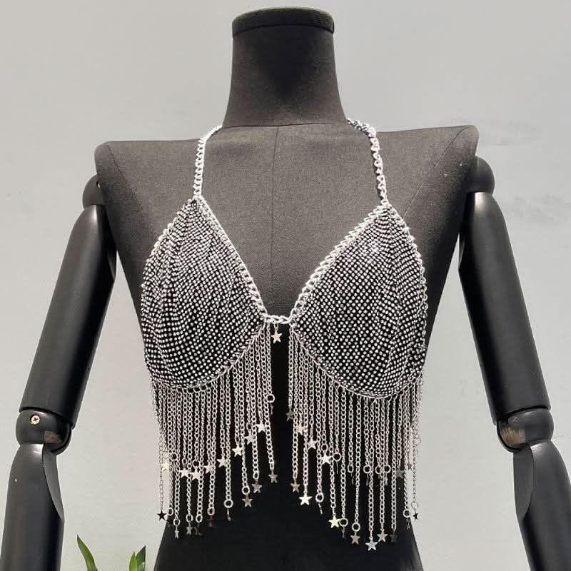 Metal chain halter beaded v neck tassels top  | Festival Outfits Women-final-sale