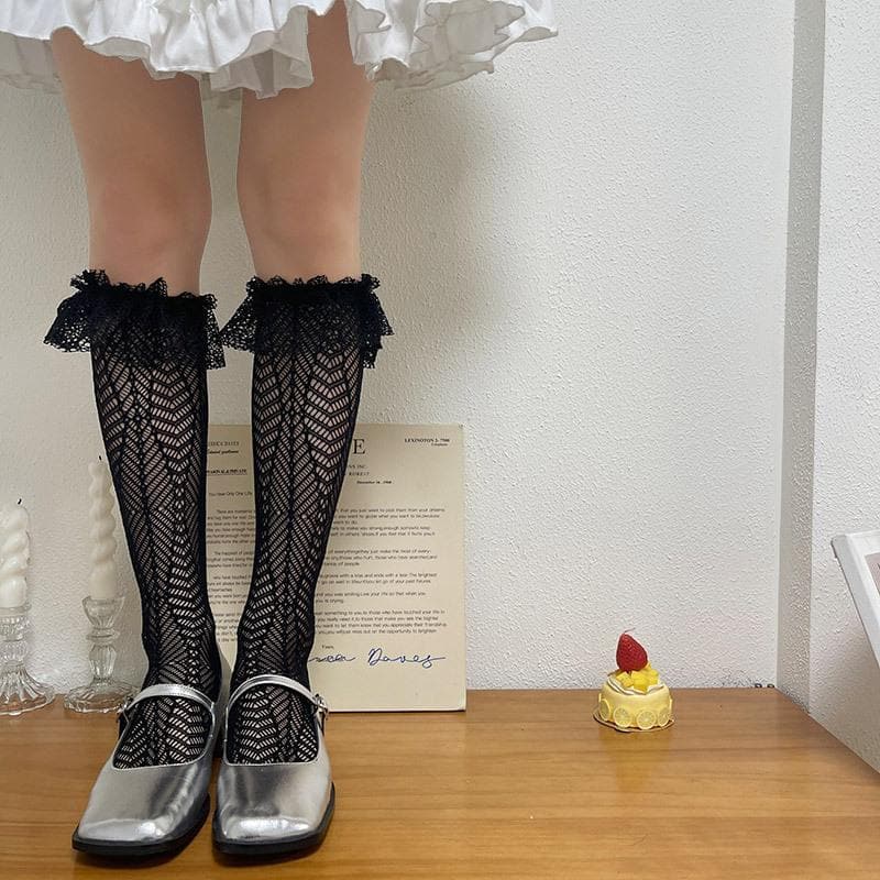 Sheer lace ruffle solid thigh high socks  | Festival Outfits Women
