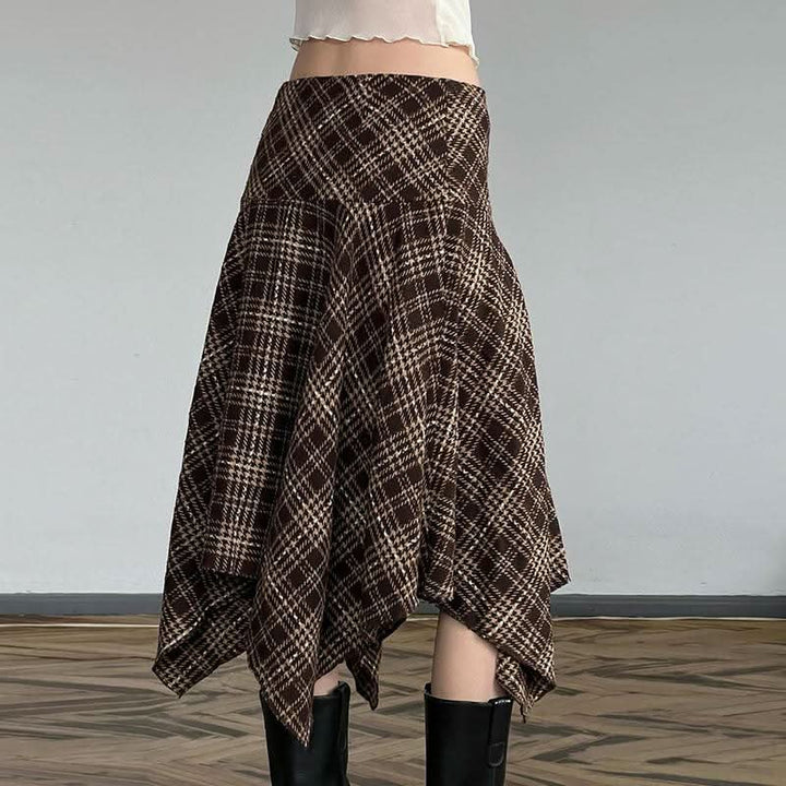 Plaid irregular zip-up contrast midi skirt  | Festival Outfits Women