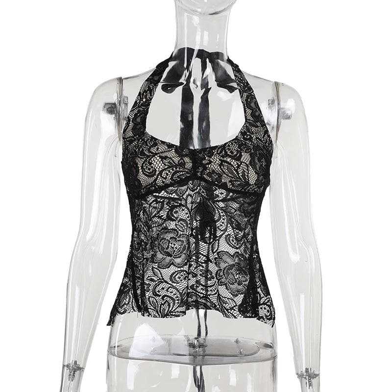 Halter backless lace flower pattern solid top  | Festival Outfits Women