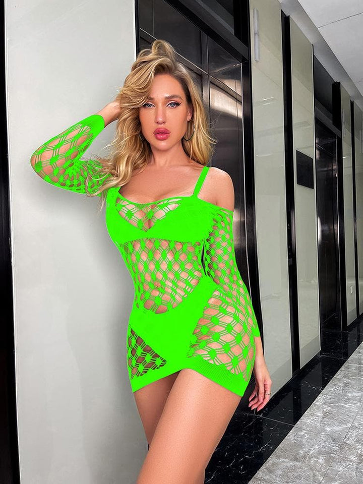 Long sleeve off shoulder hollow out fishnet cut out mini dress  | Festival Outfits Women