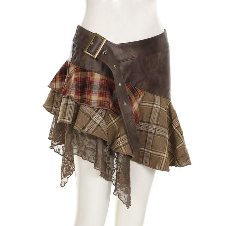 PU leather plaid patchwork belt lace hem mini skirt Cargo Mini Skirt  | Festival Outfits Women