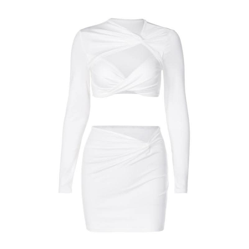 Knotted hollow out solid ruched long sleeve mini skirt set-final-sale  | Festival Outfits Women
