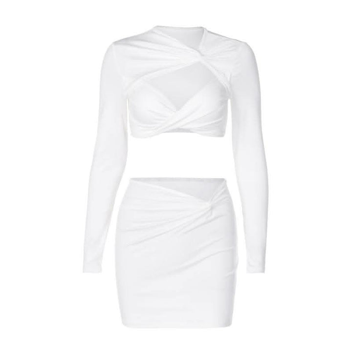 Knotted hollow out solid ruched long sleeve mini skirt set-final-sale  | Festival Outfits Women