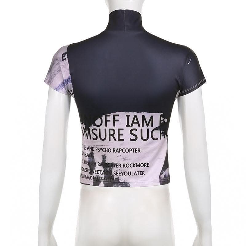 High neck short sleeve letter print contrast top-final-sale  | Festival Outfits Women