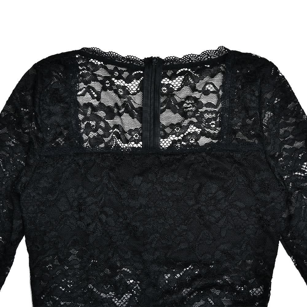 Lace see through square neck long sleeve zip-up solid maxi dress-final-sale  | Festival Outfits Women