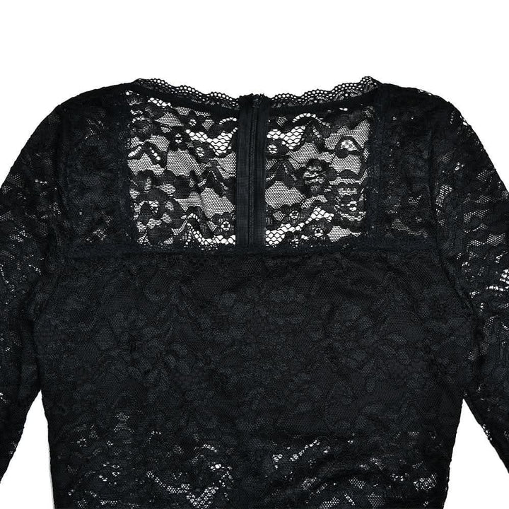 Lace see through square neck long sleeve zip-up solid maxi dress-final-sale  | Festival Outfits Women