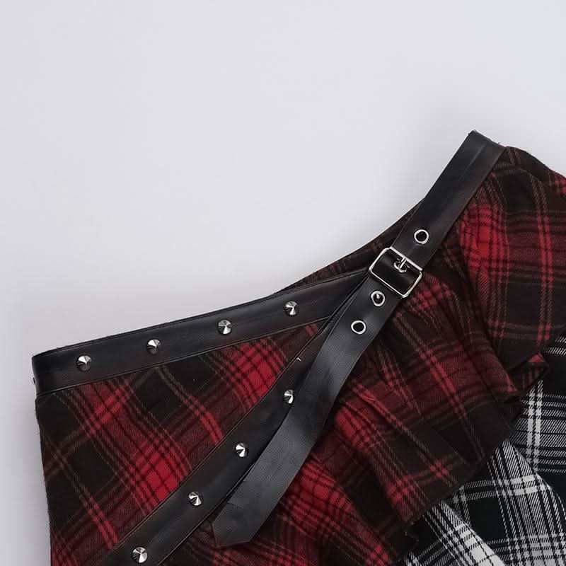 Plaid irregular buckle ruffle lace hem patchwork mini skirt  | Festival Outfits Women