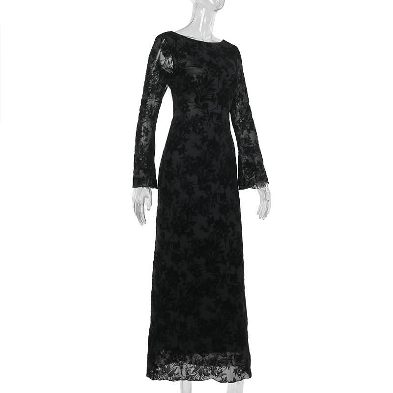Round neck long sleeve self tie flower print maxi dress  | Festival Outfits Women