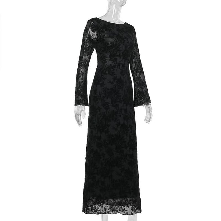 Round neck long sleeve self tie flower print maxi dress  | Festival Outfits Women