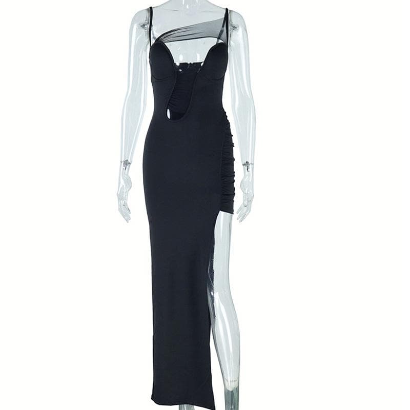 Irregular high slit ruched mesh hollow out cami cut out maxi dress  | Festival Outfits Women