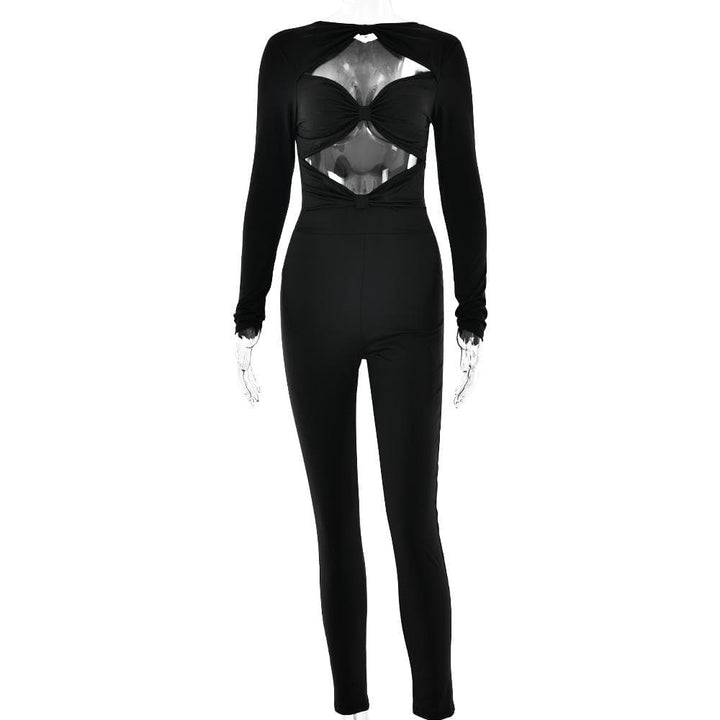 Long sleeve hollow out ruched solid jumpsuit  | Festival Outfits Women