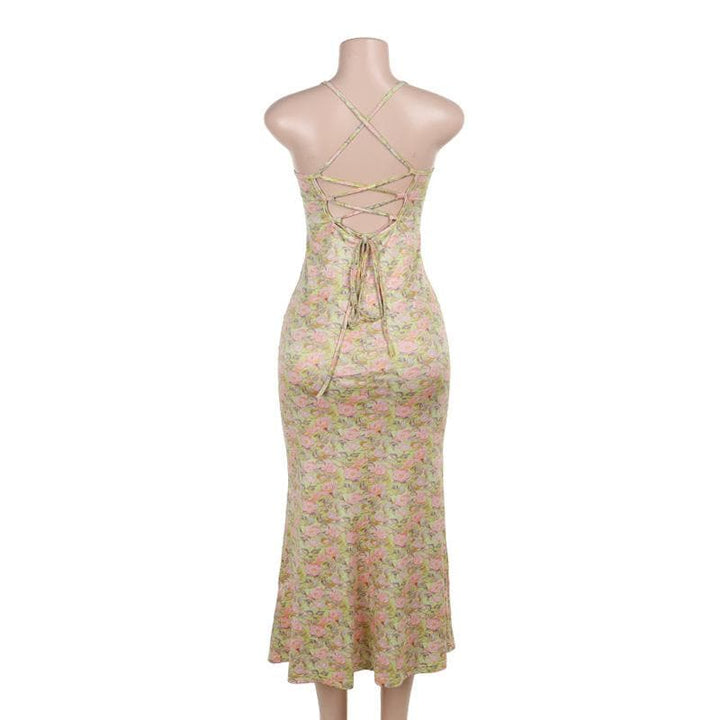 Sweetheart neck lace flower print knotted cami maxi dress  | Festival Outfits Women