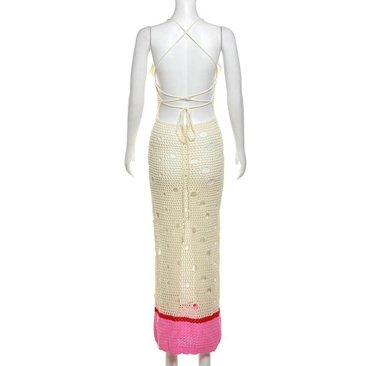 V neck knitted hollow out lace up cut out maxi dress-final-sale  | Festival Outfits Women