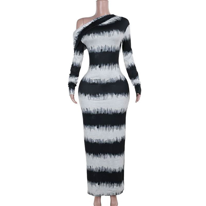 Irregular long sleeve one shoulder striped maxi dress-final-sale  | Festival Outfits Women