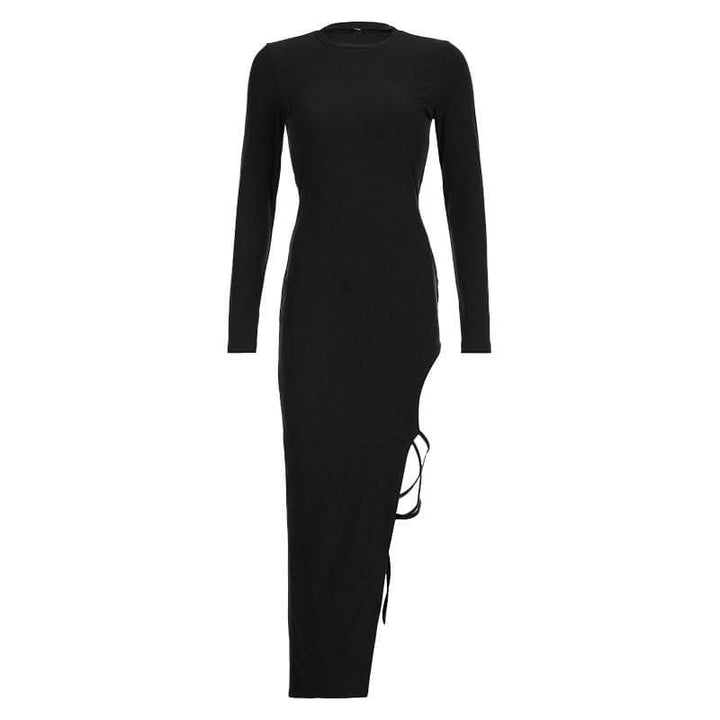 Self tie irregular long sleeve slit crewneck solid midi dress-final-sale  | Festival Outfits Women
