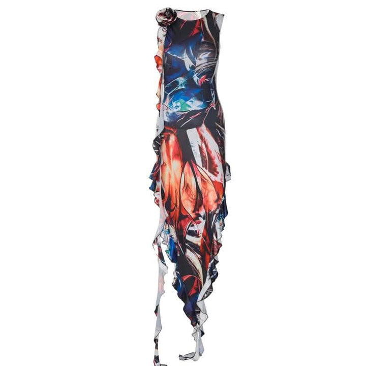 Ribbon sleeveless flower applique contrast print maxi dress-final-sale  | Festival Outfits Women