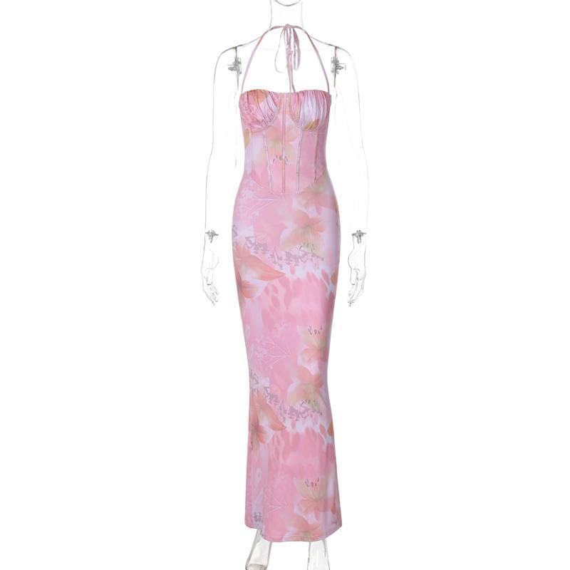 Halter print ruched bustier high slit knotted maxi dress  | Festival Outfits Women