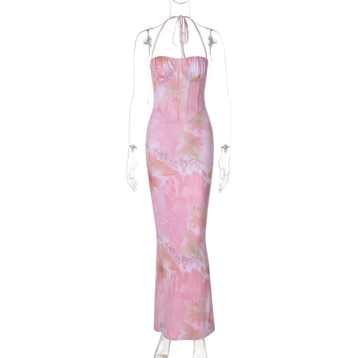 Halter print ruched bustier high slit knotted maxi dress  | Festival Outfits Women
