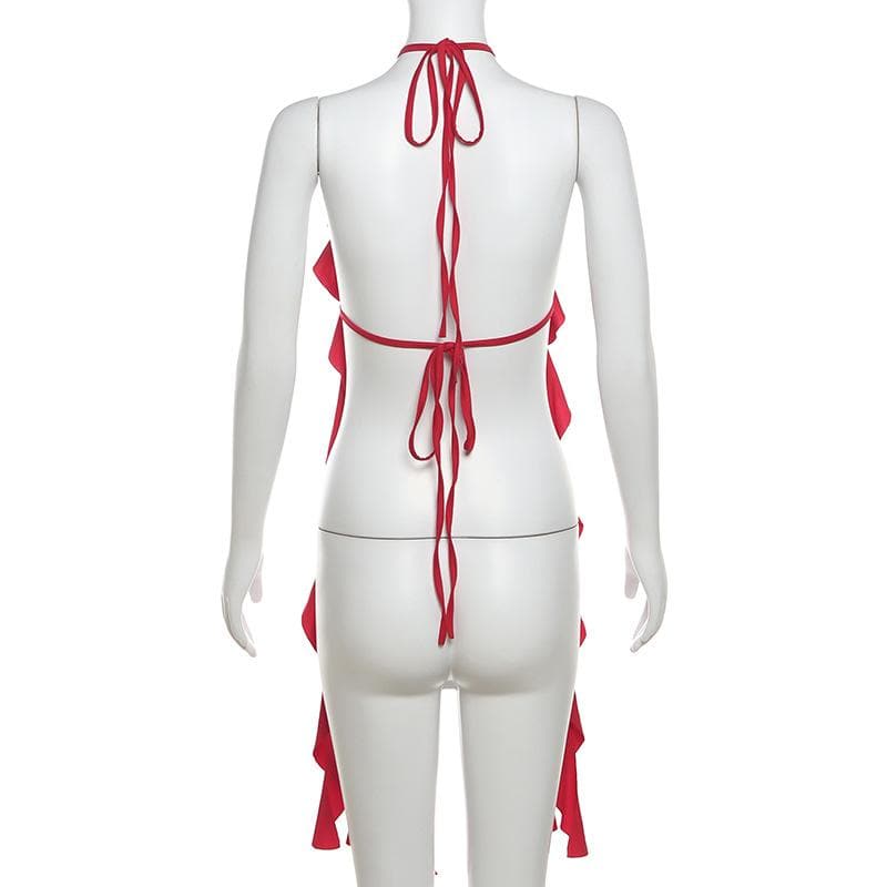 Halter flower applique ruffle backless top-final-sale