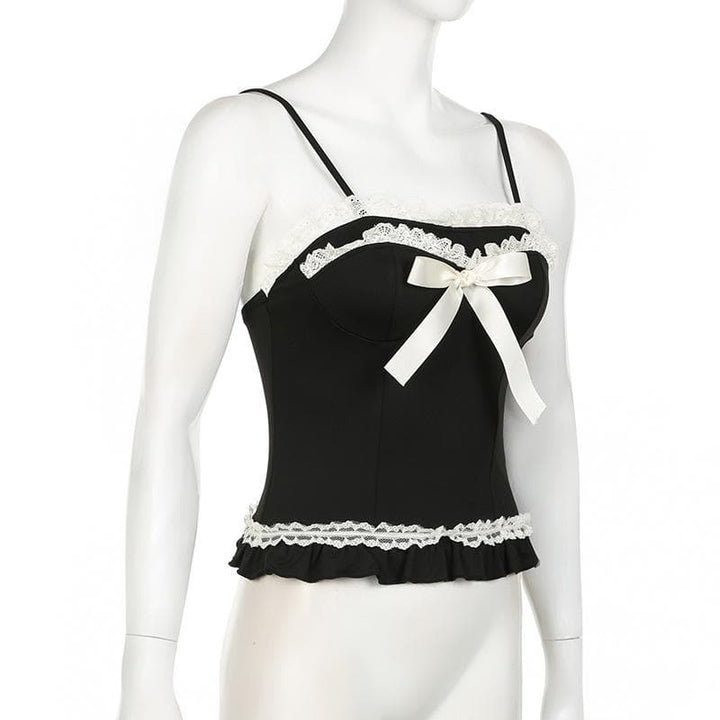 Kaya mai kama da lace hem ruffle bowknot contrast cami top | Kayan Biki na Mata