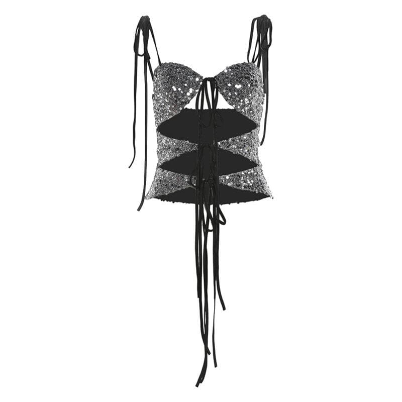 Glitter hollow out self tie backless v neck cami cut out top  | Festival Outfits Women