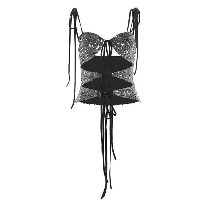 Glitter hollow out self tie backless v neck cami cut out top  | Festival Outfits Women