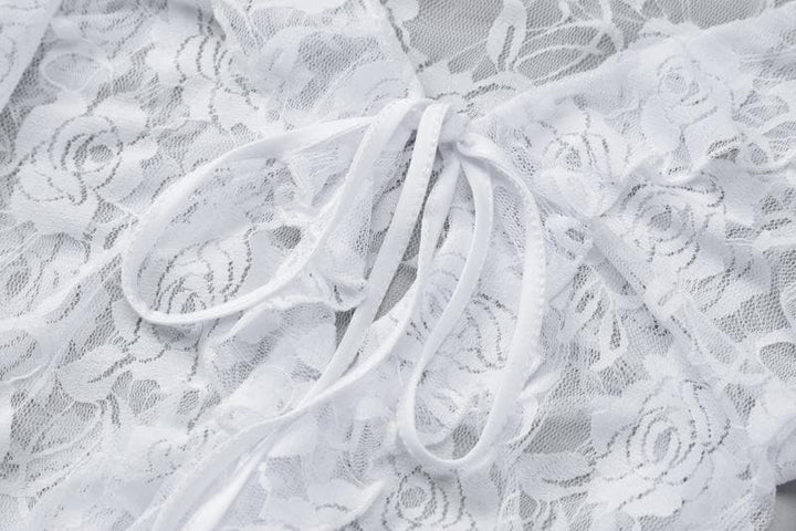 Long flared sleeve ruffle lace see through mini dress  | Festival Outfits Women