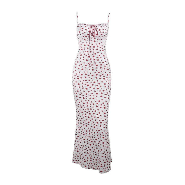 Bowknot ribbon stitch flower print polka dot cami maxi dress  | Festival Outfits Women