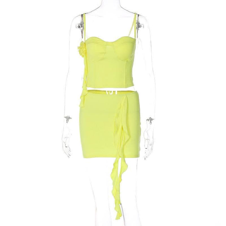 Flower applique solid ruffle ribbon cami mini skirt set-final-sale  | Festival Outfits Women