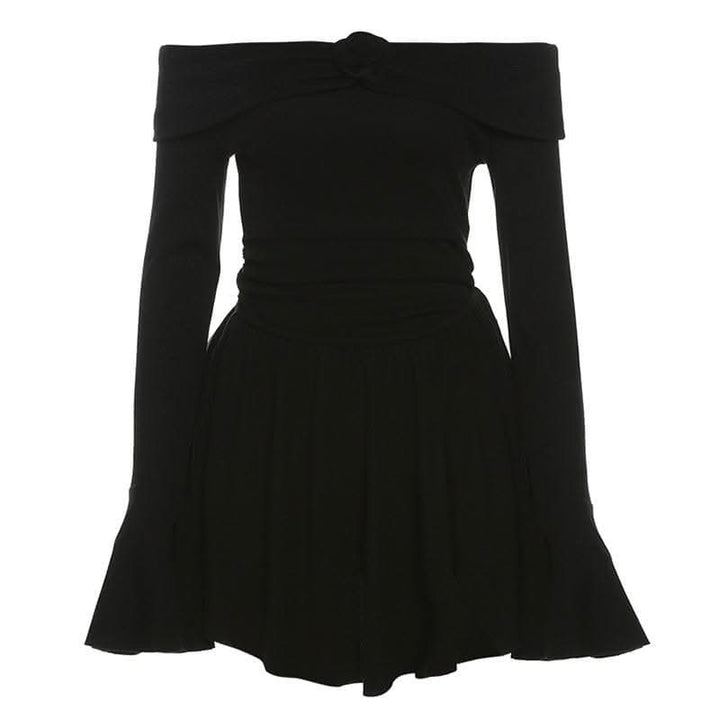 Flower applique off shoulder long flared sleeve slit mini dress-final-sale