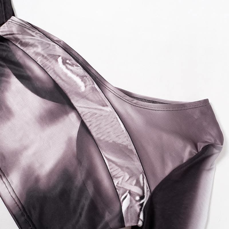 Long sleeve one shoulder body print irregular midi skirt set-final-sale  | Festival Outfits Women